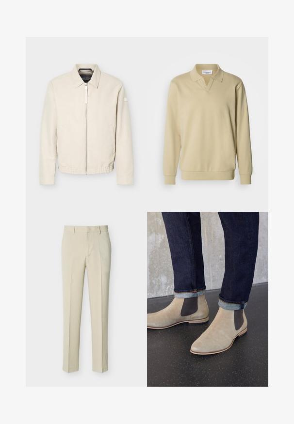 Veste beige à fermeture éclair avec col, manches longues, deux poches latérales, taille élastique et un petit patch sur la manche gauche.; Polo beige à manches longues avec col, présentant un décolleté en V et des poignets côtelés. Confectionné dans un tissu doux au toucher lisse.; Pantalon beige coupé droit avec passants de ceinture et fermeture éclair à l'avant, présenté sur un fond clair uni.; Bottes Chelsea en daim beige clair avec des panneaux latéraux élastiques foncés portées avec un jean en denim foncé retroussé sur un sol noir moucheté.