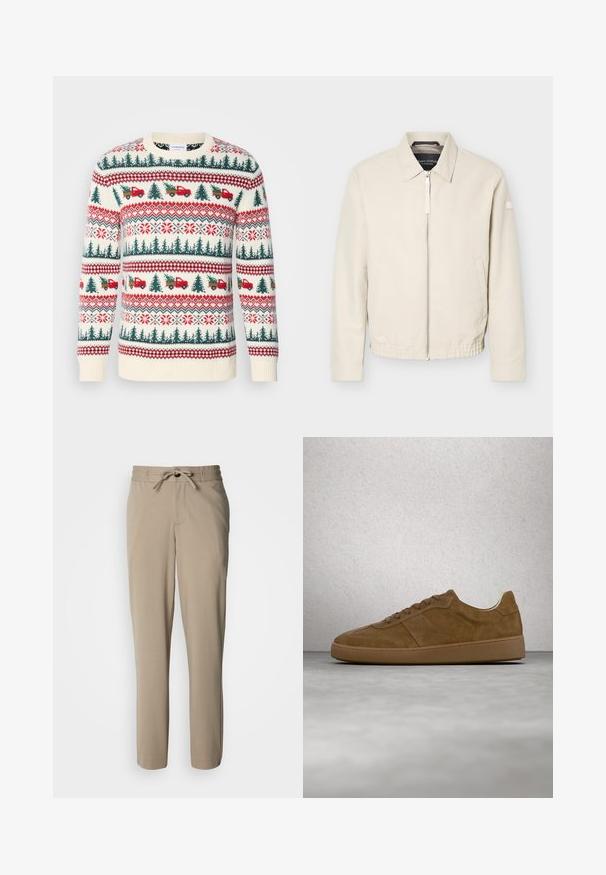 Beige lynlåsjakke med krave, lange ærmer, to sidelommer, elastisk taljebånd og et lille mærke på venstre ærme.; Strikket sweater med en cremet base, røde og grønne mønstre af træer, lastbiler og snefnug, med ribkanter ved ærmerne og kanten.; Beige bukser lavet af et blødt stof, med snøre i taljen og en afslappet pasform, med lige ben og ingen synlige lommer.; Brun ruskindsneaker med tanfarvede snørebånd og gummisål. Har en rundet snude og synlige stikninger på overdelen. Letvægtsdesign.