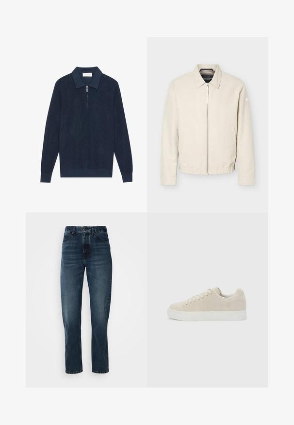 Beige lynlåsjakke med krave, lange ærmer, to sidelommer, elastisk taljebånd og et lille mærke på venstre ærme.; Mørk marineblå strikket langærmet polo shirt med ribbet tekstur og en kort sølv lynlås ved kraven.; Mørkeblå lige bukser med frontknap og lynlås, fem-lomme design og subtil fading på lår og knæ.; Beige lavt snøresko med snørebånd foran og tyk hvid gummisål på en ensfarvet lysegrå baggrund.