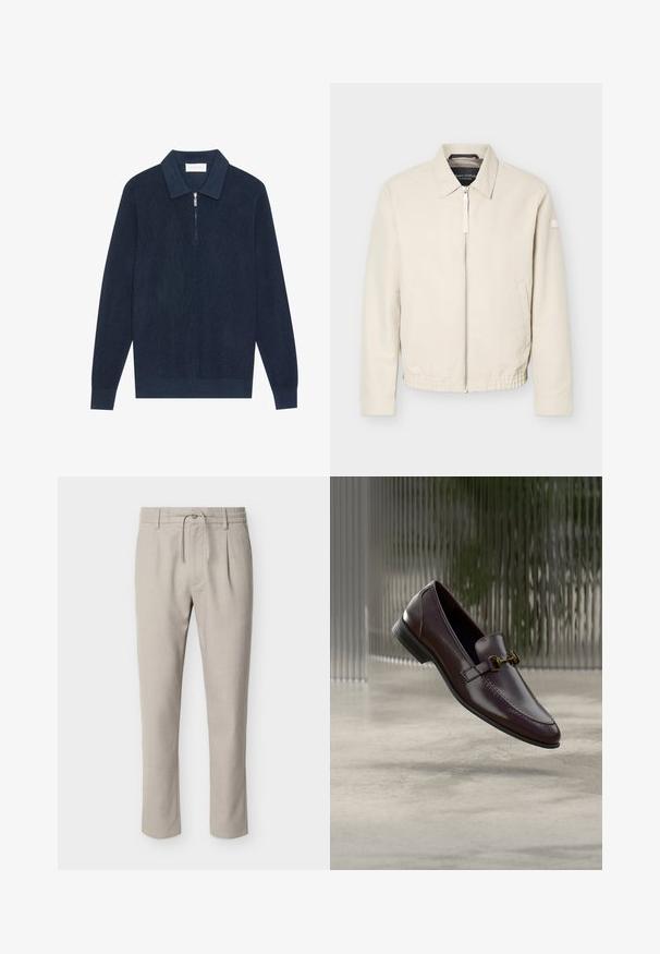 Beige lynlåsjakke med krave, lange ærmer, to sidelommer, elastisk taljebånd og et lille mærke på venstre ærme.; Mørk marineblå strikket langærmet polo shirt med ribbet tekstur og en kort sølv lynlås ved kraven.; Lys beige bukser med lige ben, bæltestropper, frontknap, lynlås, snøre ved taljen og sidelommer.; Brun læderloafer med en glat finish, firkantet snude og guldfarvet hardwaredetalje. Den har en lav hæl og subtile syningsdetaljer.