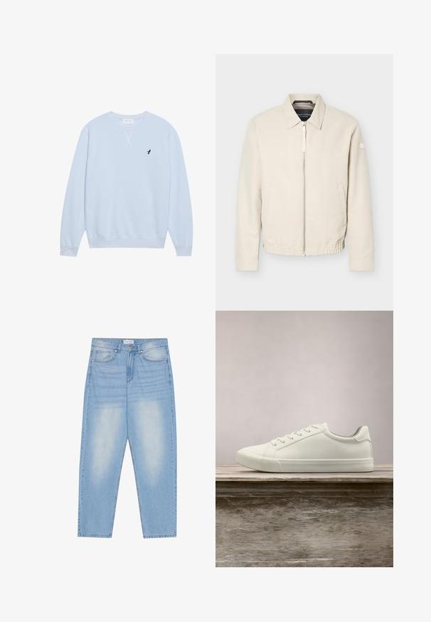Beige lynlåsjakke med krave, lange ærmer, to sidelommer, elastisk taljebånd og et lille mærke på venstre ærme.; Lys blå sweatshirt lavet af bomuld med rund halsudskæring, ribbede manchetter og et broderet sort fuglelogo på venstre bryst.; Lyseblå denimjeans med en afslappet pasform, der har fem lommer, subtil falming og syninger langs sømmene.; Hvide snørresneakers svævende over en træbænk med grønne planter i baggrunden, der fremhæver skodesign og tekstur.