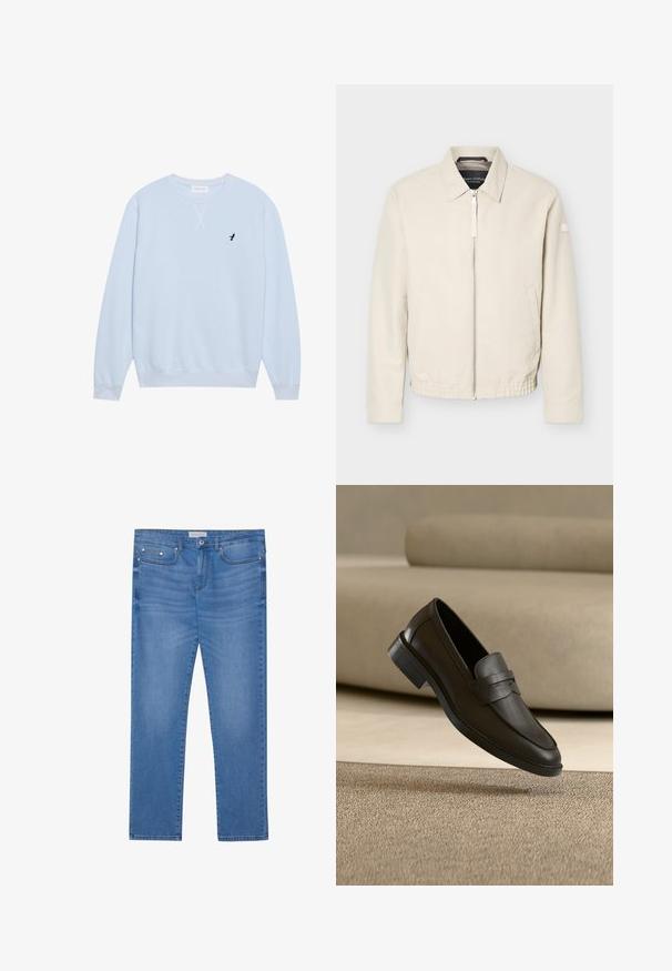 Beige lynlåsjakke med krave, lange ærmer, to sidelommer, elastisk taljebånd og et lille mærke på venstre ærme.; Lys blå sweatshirt lavet af bomuld med rund halsudskæring, ribbede manchetter og et broderet sort fuglelogo på venstre bryst.; Lyseblå denimjeans med lige ben, femlommes design, subtil falming og metalbeslag ved taljen og lommerne.; Sort læder loafer sko, der hviler på et beige tæppe med en buet beige sofa i baggrunden.
