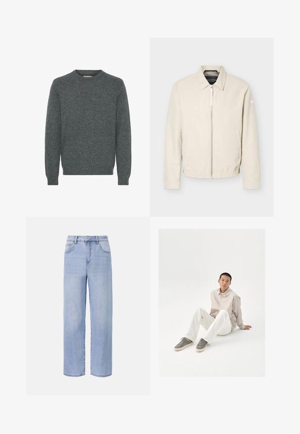 Beige lynlåsjakke med krave, lange ærmer, to sidelommer, elastisk taljebånd og et lille mærke på venstre ærme.; Grå crew-neck sweater lavet af struktureret strikket stof. Har lange ærmer samt ribber i ærmekanterne og forneden. Ingen mønstre eller fremtrædende detaljer.; Lyseblå denimjeans med et afslappet, bredbenet design. Funktioner inkluderer fem lommer, en frontknaplukning og diskret falmning.; Beige skjorte med knapper, hvide bukser og grå sneakers. Skjorten har en løs pasform, og sneakersne har en struktureret overflade og snørebåndsdesign.