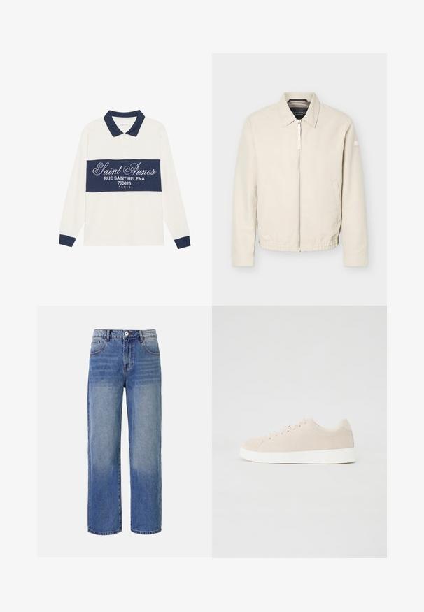 Beige Reißverschlussjacke mit Kragen, langen Ärmeln, zwei Seitentaschen, elastischem Bund und einem kleinen Aufnäher am linken Ärmel.; Langärmliges Poloshirt, creme- und navyfarben, aus Baumwollmischung. Verfügt über ein navyfarbenes Band mit weißem Text und einen klassischen Kragen mit navyfarbener Einfassung.; Helle blaue Denim-Jeans mit weitem Bein, einem Ausbleichungsmuster, fünf Taschen und einem Reißverschluss. Mit einem Knopf und Gürtelschlaufen an der Taille.; Beige Wildlederschuhe mit weißen Gummisohlen, runder Zehenform und sechs Ösen für die Schnürsenkel. Glatte Textur mit minimalistischem Design.