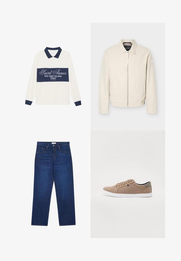 Veste beige à fermeture éclair avec col, manches longues, deux poches latérales, taille élastique et un petit patch sur la manche gauche.; Polo à manches longues, crème et marine, en mélange de coton. Présente une bande marine avec du texte blanc et un col classique avec finition marine.; Jean en denim bleu foncé avec une coupe droite, équipé d'une fermeture boutonnée et à zip, de cinq poches et de détails de couture visibles.; Baskets en toile beige avec un design basse, semelle en caoutchouc blanc et lacets ronds. Présente un accent de talon gris contrastant et un détail de logo.