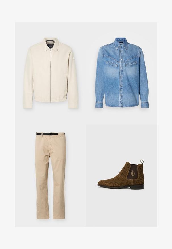 Beige jas met ritssluiting en kraag, lange mouwen, twee zijzakken, elastische tailleband en een klein patch op de linkermouw.; Lichtblauwe spijkerblouse met lange mouwen, een puntige kraag, twee borstzakken en een knoopsluiting aan de voorkant. Beschikt over witte knopen en contraststiksel.; Beige broek met rechte pijpen, zwarte verstelbare riem, elastische tailleband aan één kant en een voornaad als detail.; Bruin geweven enkelboot met een spitse neus, elastische zijkanten en een luslabel aan de achterkant. Voorzien van een diamantaccent aan de buitenkant.