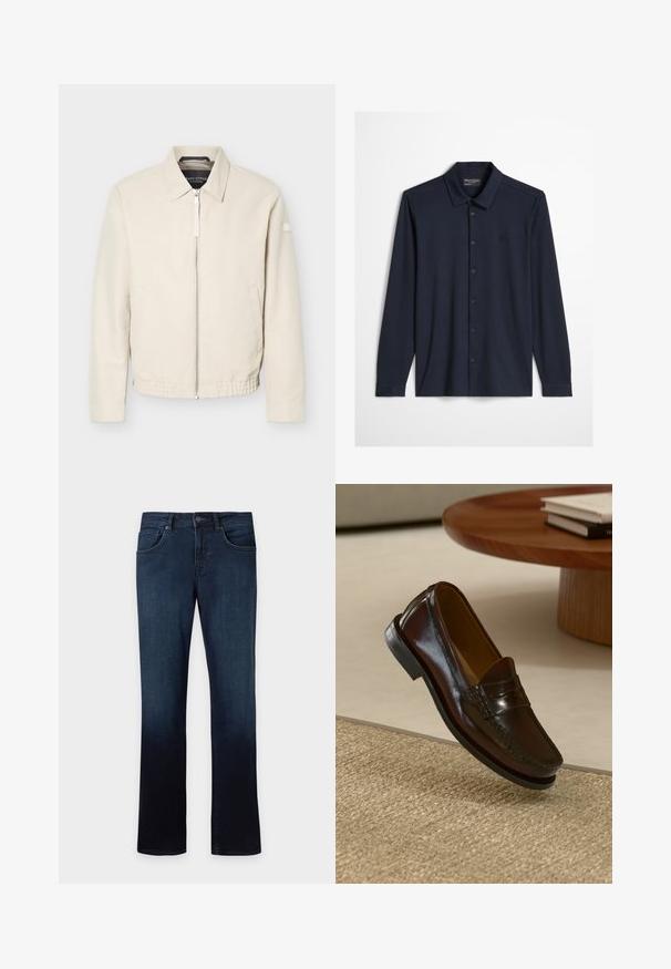 Beige jas met ritssluiting en kraag, lange mouwen, twee zijzakken, elastische tailleband en een klein patch op de linkermouw.; Donker marineblauw overhemd met lange mouwen, knoopsluiting, kraag en een subtiel geborduurd logo op de linkerborst, tegen een lichte achtergrond.; Donkerblauwe denim jeans met lichte vervaging, vijf-zakkenstijl, knoop- en ritssluiting, rechte pijp pasvorm.; Bruine leren instappers met een glanzende afwerking, voorzien van een gestikt detail aan de voorkant en een low-profile zwarte rubberen zool.
