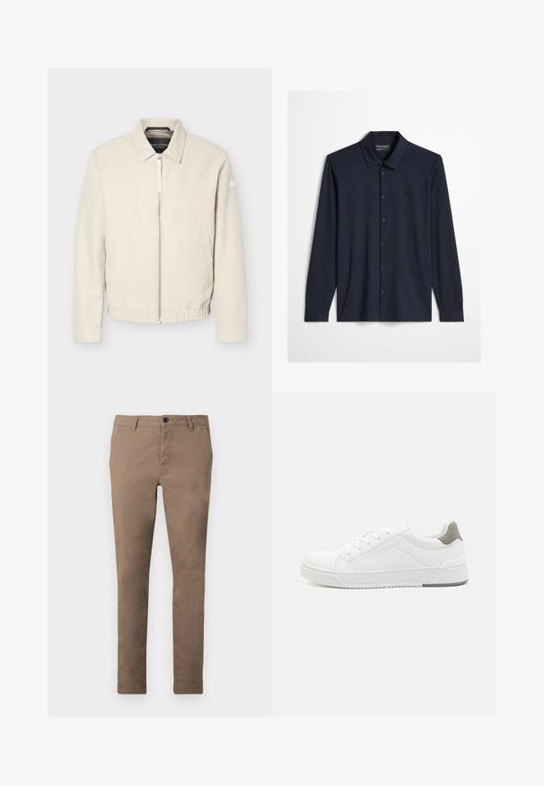 Veste beige à fermeture éclair avec col, manches longues, deux poches latérales, taille élastique et un petit patch sur la manche gauche.; Chemise bleu marine foncé à manches longues avec col et logo brodé discret sur la poitrine gauche sur un fond clair.; Pantalon marron ajusté pour homme avec fermeture à boutons et zip sur le devant, passants de ceinture et poches latérales, présenté à plat sur fond blanc.; Basket blanche en cuir lisse, à bout arrondi, design minimaliste, accent de talon gris et semelle en caoutchouc texturé.