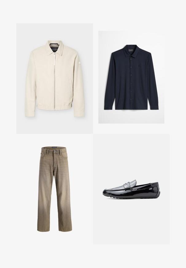 Beige vetoketjullinen takki, jossa kaulus, pitkät hihat, kaksi sivutaskua, joustava vyötärönauha ja pieni merkki vasemmassa hihassa.; Tummansininen, pitkähihoinen napillinen kauluspaita, jossa on kaulus ja hienovarainen kirjailtu logo vasemmassa rinnassa vaaleaa taustaa vasten.; Vaaleanruskeat farkut suoran lahkeen muotoilulla, joissa on viisi taskua ja napitus. Haalistunut pinta, jossa on hienovaraisia harmaita sävyjä.; Musta patenttinahkainen loafer-mokkasiini, jossa matala korko, liukusisään -desing ja koristeellinen remmi päällä, esitetty sivuprofiilissa valkoisella taustalla.
