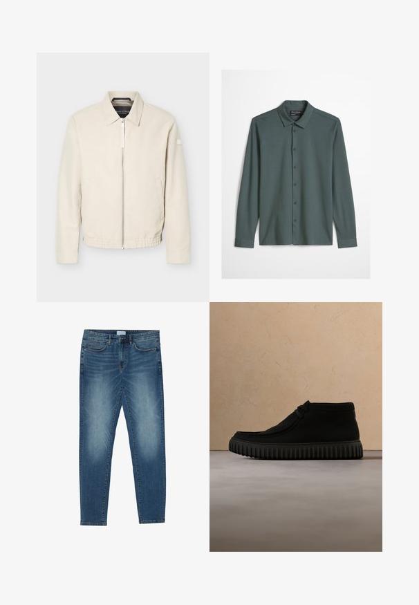 Beige jas met ritssluiting en kraag, lange mouwen, twee zijzakken, elastische tailleband en een klein patch op de linkermouw.; Heren langärmelig overhemd met knopen in gedempte blauw-grijze kleur, voorzien van een klassieke kraag en een subtiel geborduurd logo op de borst.; Middenblauwe denim jeans met een vervaagde was, vijfzakdesign, rechte pasvorm en gestikte accenten. Sluiting met knoop en rits.; Zwarte enkelboots van zacht materiaal, met een ronde neus, minimale veters en een gestructureerde rubberen zool met verticale groeven.