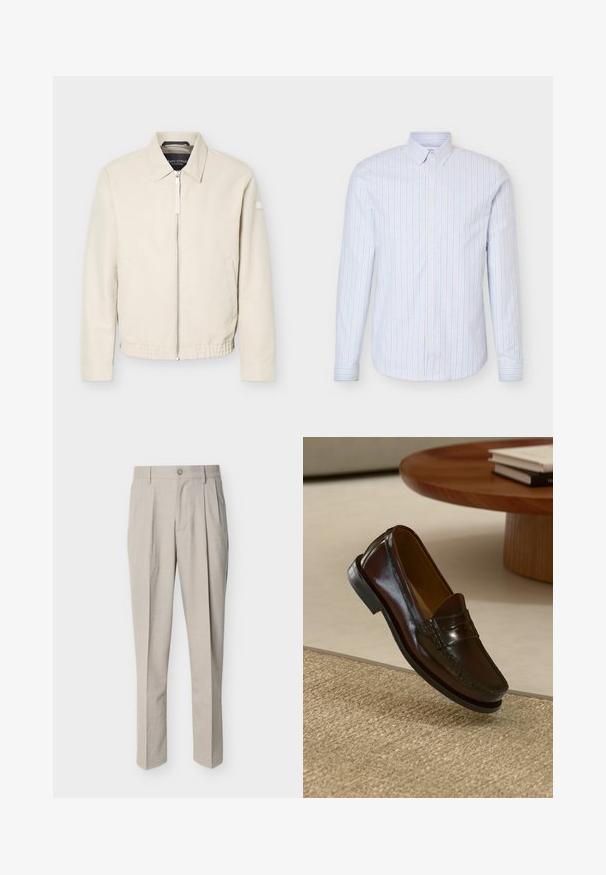Chaqueta beige con cremallera, cuello, mangas largas, dos bolsillos laterales, cintura elástica y un pequeño parche en la manga izquierda.; Camisa de hombre azul claro con botones, con rayas verticales blancas y finas rojas, mangas largas y cuello abotonado.; Pantalones beige a medida para hombre con pinzas delanteras, trabillas para cinturón, cierre de botones y corte recto, sobre fondo blanco.; Mocasines de cuero marrón con un acabado brillante, que presentan un detalle de costura en la parte frontal y una suela de goma negra de perfil bajo.