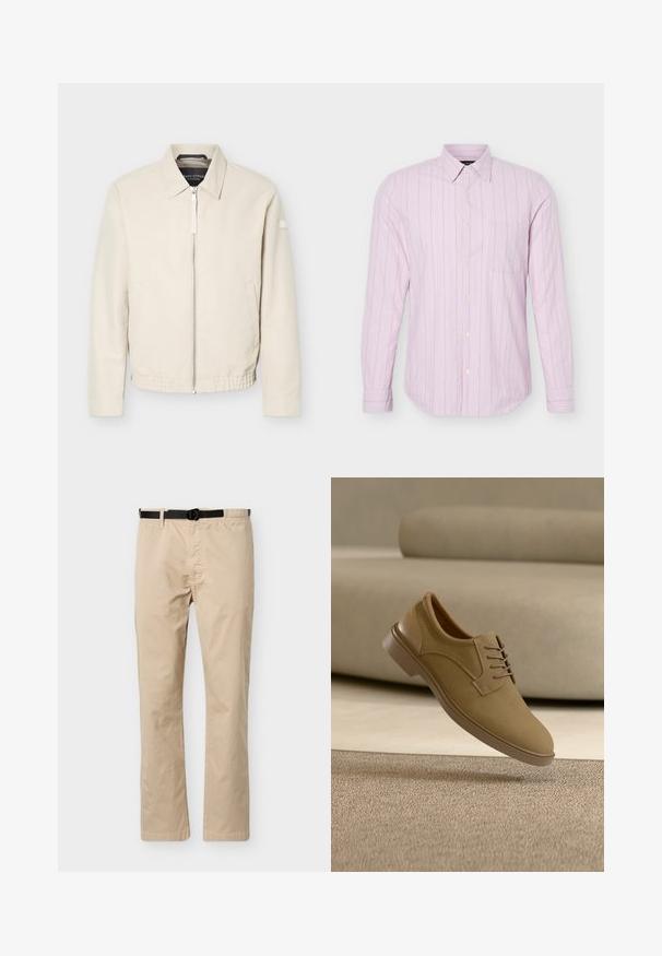 Veste beige à fermeture éclair avec col, manches longues, deux poches latérales, taille élastique et un petit patch sur la manche gauche.; Chemise rose clair à manches longues avec fines rayures verticales blanches et une poche poitrine unique, présentée sur un fond blanc.; Pantalon beige à jambes droites avec ceinture noire ajustable, taille élastique d'un côté et couture décorative à l'avant.; Chaussure décontractée beige à lacets flottant au-dessus d'un tapis texturé avec un canapé incurvé beige en arrière-plan.
