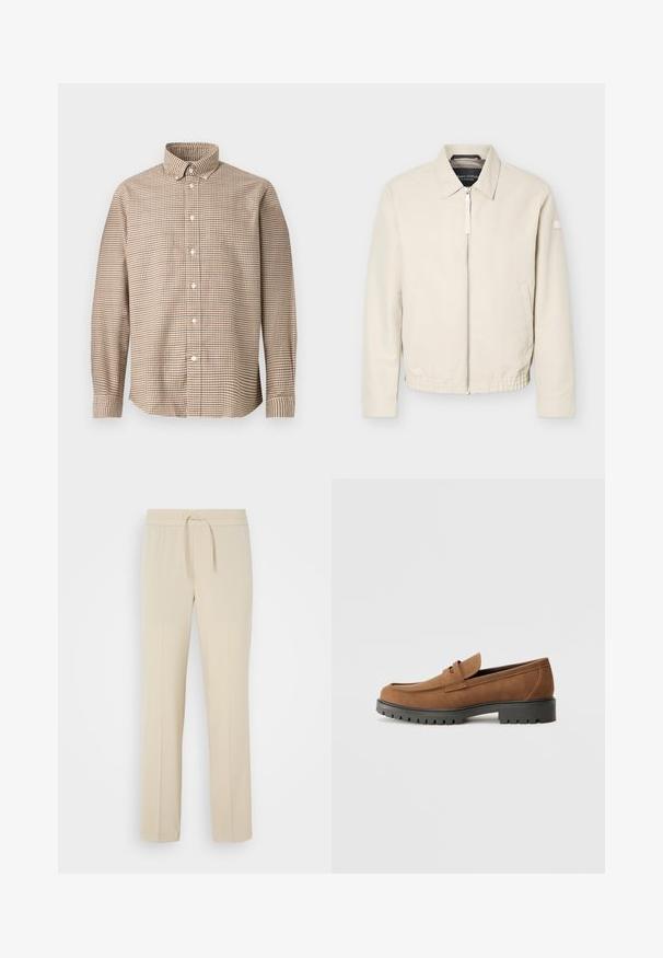Beige jas met ritssluiting en kraag, lange mouwen, twee zijzakken, elastische tailleband en een klein patch op de linkermouw.; Beige en bruine geruite lange mouwen knoopshirt met een knoop- naar beneden kraag, weergegeven op een effen achtergrond, vooraanzicht.; Beige, elastische broek met een trekkoord in de taille. Heeft rechte pijpen en een zachte textuur, geschikt voor casual wear of loungen.; Bruine suede instappers met een ronde neus en een lage zwarte rubberen zool, met een decoratieve band en stiksel details op het bovenwerk.