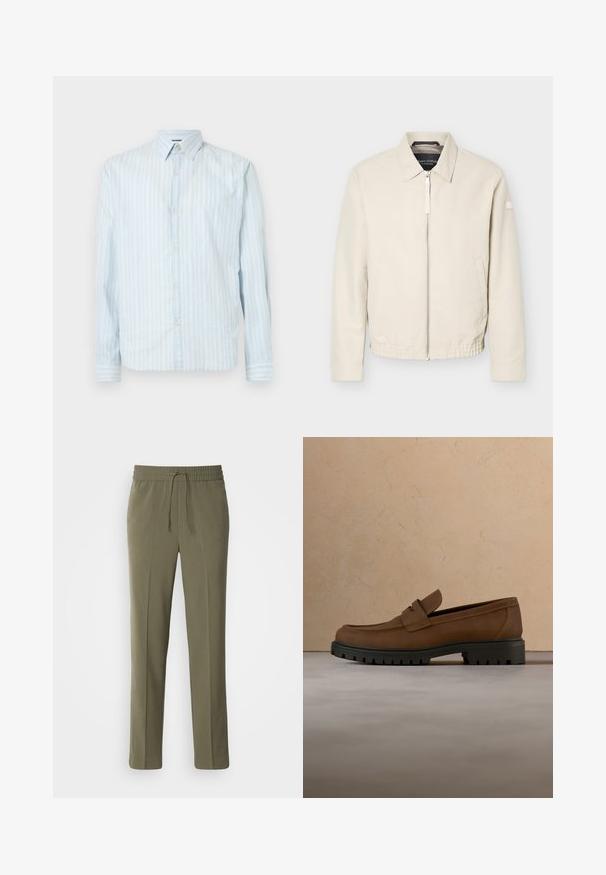 Beige Reißverschlussjacke mit Kragen, langen Ärmeln, zwei Seitentaschen, elastischem Bund und einem kleinen Aufnäher am linken Ärmel.; Hellblaues Button-up-Hemd mit weißen vertikalen Streifen, klassischem Kragen, langen Ärmeln und zwei Knopfakzenten an den Ärmeln.; Olivengrüne, leichte Hose mit elastischem Bund und verstellbarem Kordelzug; gerades Bein Design und glatte Textur.; Dunkelbrauner Lederloafer mit dicker schwarzer Gummisohle, dargestellt über beigem Teppich und Sofa-Hintergrund.