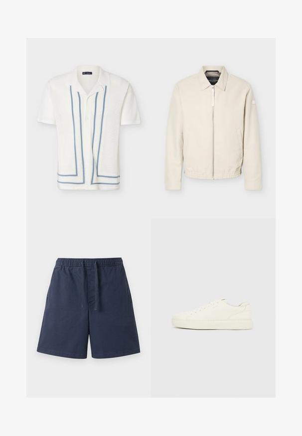 Veste beige à fermeture éclair avec col, manches longues, deux poches latérales, taille élastique et un petit patch sur la manche gauche.; Polo en maille blanc à manches courtes avec un motif ajouré et des rayures bleues verticales et horizontales à l'avant.; Shorts décontractés bleu marine avec ceinture élastique et cordon de serrage avant, dotés de poches latérales et d'un ourlet droit.; Baskets basses blanches avec laçage à l'avant, dessus en cuir lisse et semelle épaisse en caoutchouc, vues de côté extérieur sur un fond uni.