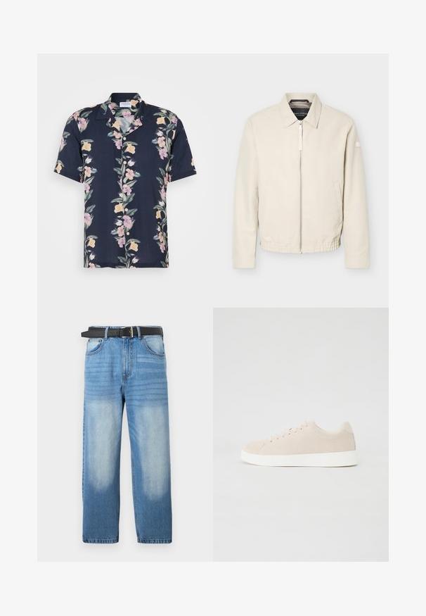 Beige lynlåsjakke med krave, lange ærmer, to sidelommer, elastisk taljebånd og et lille mærke på venstre ærme.; Kortærmet skjorte i mørkeblå stof med et blomstermotiv med lyserøde og gule blomster samt en klassisk krave med knapper.; Lys blå denim jeans med lige ben, udstyret med et sort bælte, falmede pletter og subtil diagonalt mønster i den øverste sektion.; Beige ruskindsneakers med hvide gummisåler, rund tå og seks snøringshuller. Glat tekstur med minimalisk design.