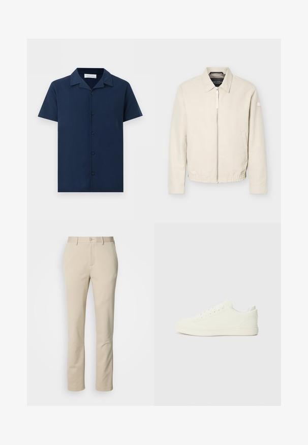Veste beige à fermeture éclair avec col, manches longues, deux poches latérales, taille élastique et un petit patch sur la manche gauche.; Chemise bleu marine à manches courtes avec col camp et cinq boutons sur le devant, présentée sur un fond blanc uni.; Pantalons en coton beige avec une coupe droite, fermeture à bouton et devant plat. Le matériau a une texture lisse et un minimum de détails.; Baskets blanches avec une tige à texture lisse, bout arrondi et laçage traditionnel, arborant un design minimaliste et une semelle en caoutchouc.