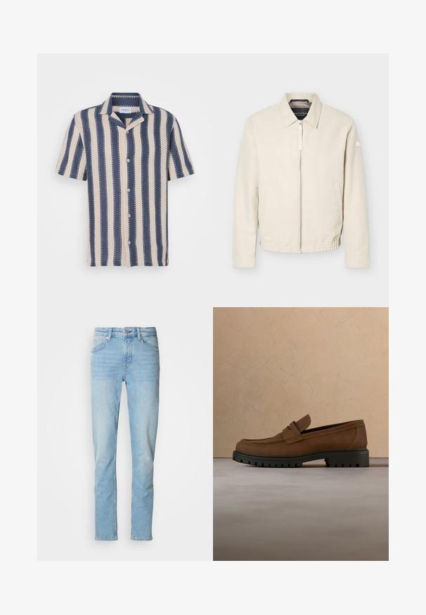 Beige jas met ritssluiting en kraag, lange mouwen, twee zijzakken, elastische tailleband en een klein patch op de linkermouw.; Korte mouw overhemd met een marineblauw en crème gestreept patroon, voorzien van een kraag en knoopsluiting, gemaakt van ademende stof.; Lichtblauwe jeans van denim, met een rechte pasvorm, vijf zakken, riemlussen en een knoopsluiting.; Donkerbruine leren loafer met dikke zwarte rubberen zool, getoond boven een beige tapijt en bankachtergrond.