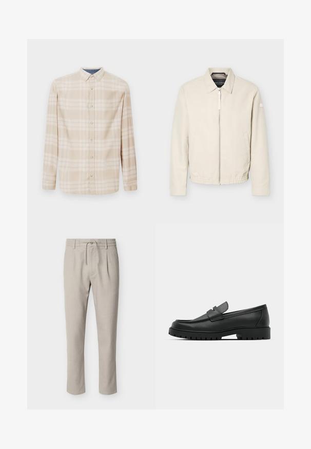 Beige jas met ritssluiting en kraag, lange mouwen, twee zijzakken, elastische tailleband en een klein patch op de linkermouw.; Beige geruite langwerpige blouse met een knoopsluiting, knopen aan de voorkant en subtiele blauwe accenten bij de halslijn. Gemaakt van zachte stof.; Lichtbeige rechte broek met riemlussen, knopen aan de voorkant, rits, taille met trekkoord en zijzakken.; Zwarte leren instappers met een ronde neus, voorzien van een gestikt ontwerp, een lage platformzool en een gestructureerde, grof rubberen buitenzool.