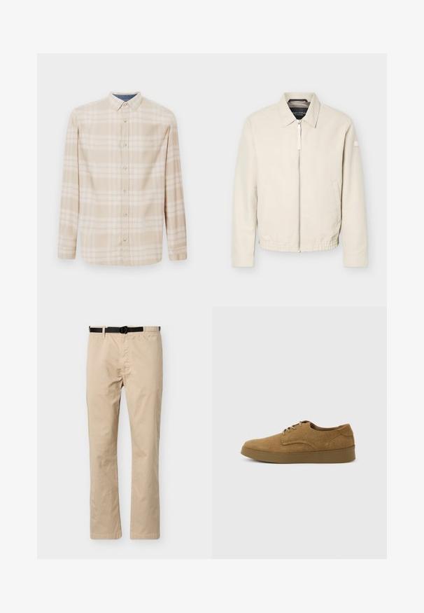 Beige lynlåsjakke med krave, lange ærmer, to sidelommer, elastisk taljebånd og et lille mærke på venstre ærme.; Beige ternet langærmet skjorte med knap-detaljeret krave, frontknapper og subtile blå accenter ved halsudskæringen. Fremstillet af blødt stof.; Beige bukser med lige ben, sort justerbart bælte, elastik i taljen på den ene side og detaljer med søm foran.; Brun ruskindslærredsko med snørebånd og flad gummisål, set fra siden på en ensfarvet lys baggrund.