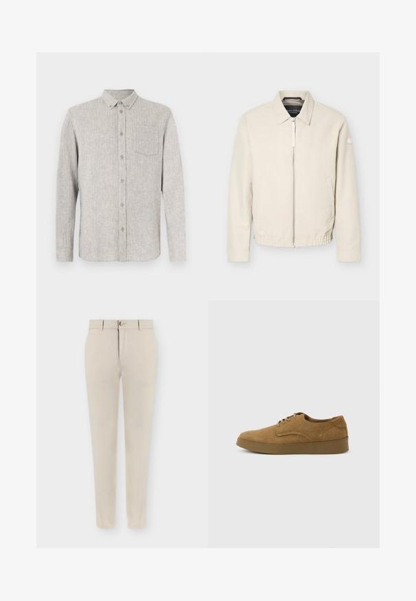 Veste beige à fermeture éclair avec col, manches longues, deux poches latérales, taille élastique et un petit patch sur la manche gauche.; Chemise gris clair boutonnée en tissu texturé, avec un col, des manches longues et une poche poitrine unique.; Pantalon beige coupe slim avec passants pour ceinture, fermeture frontale par bouton et zip, présenté à plat sur un fond clair.; Chaussure décontractée à lacets en daim marron avec semelle en caoutchouc plate, vue de côté sur un fond clair uni.