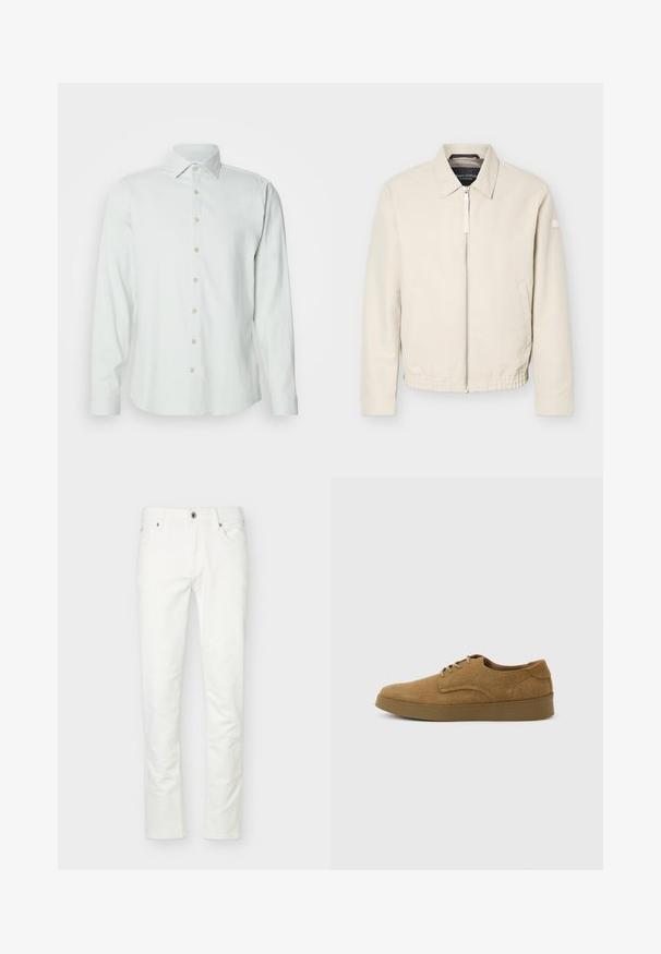Veste beige à fermeture éclair avec col, manches longues, deux poches latérales, taille élastique et un petit patch sur la manche gauche.; Chemise longue à manches longues de couleur vert clair en tissu doux. Elle présente un col classique, une patte de boutonnage sur le devant et des poignets boutonnés.; Jean blanc à coupe slim avec fermeture à boutons et zip à l'avant, cinq poches et passants pour ceinture, présenté sur un fond clair uni.; Chaussure décontractée à lacets en daim marron avec semelle en caoutchouc plate, vue de côté sur un fond clair uni.