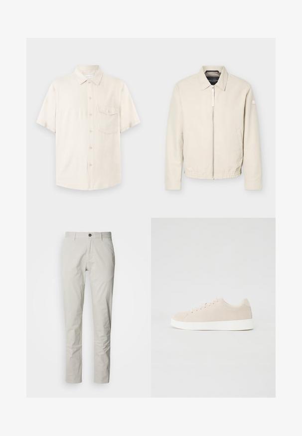 Veste beige à fermeture éclair avec col, manches longues, deux poches latérales, taille élastique et un petit patch sur la manche gauche.; Chemise beige à manches courtes avec boutons, col pointu et une poche poitrine boutonnée, présentée à plat sur un fond clair.; Chinos beige clair avec une coupe droite, dotés d'une fermeture à boutons, d'un pli unique et d'une texture en coton lisse.; Baskets en daim beige avec semelles en caoutchouc blanc, bout rond et six œillets pour les lacets. Texture lisse avec un design minimaliste.