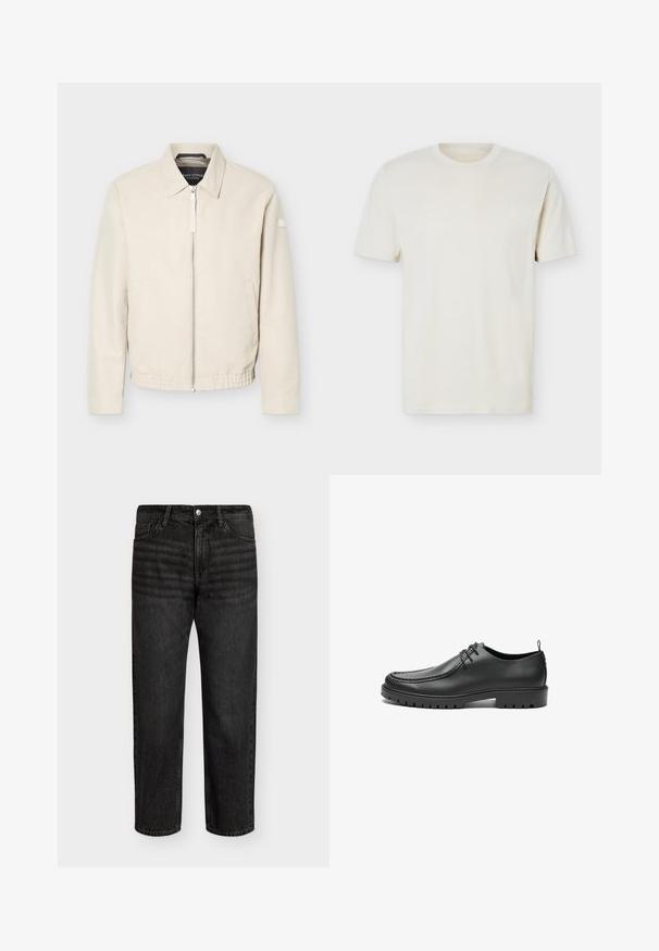 Beige lynlåsjakke med krave, lange ærmer, to sidelommer, elastisk taljebånd og et lille mærke på venstre ærme.; Simpel, off-white T-shirt med korte ærmer og rund hals, med diskret logo på venstre bryst, vist mod en hvid flad baggrund.; Sorte denimjeans med lige snit, der har en mellemhøj talje, fem lommer og metalknaplukning. Blød tekstur med let bleget effekt.; Sorte lædersko med en glat overflade, rund tå og dekorativ stikning. Har en gummisål med skridsikre spor og snørebåndsdesign.