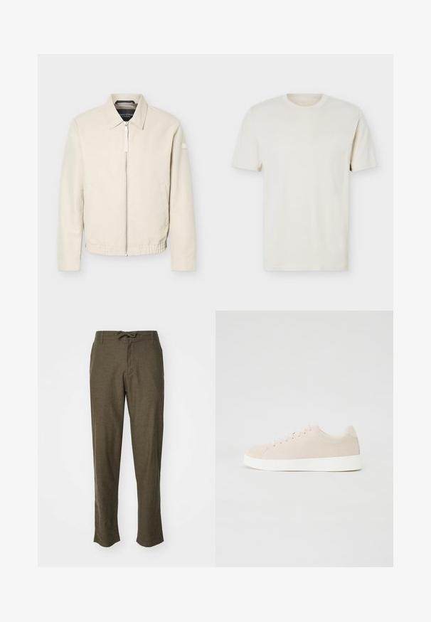 Beige Reißverschlussjacke mit Kragen, langen Ärmeln, zwei Seitentaschen, elastischem Bund und einem kleinen Aufnäher am linken Ärmel.; Schlichtes, cremefarbenes T-Shirt mit kurzen Ärmeln und Rundhalsausschnitt, mit dezentem Logo auf der linken Brust, auf weißem Hintergrund liegend präsentiert.; Olivegrüne Hosen aus strukturiertem Stoff mit einem Kordelzugbund und geraden Beinen, präsentiert vor einem weißen Hintergrund.; Beige Wildlederschuhe mit weißen Gummisohlen, runder Zehenform und sechs Ösen für die Schnürsenkel. Glatte Textur mit minimalistischem Design.