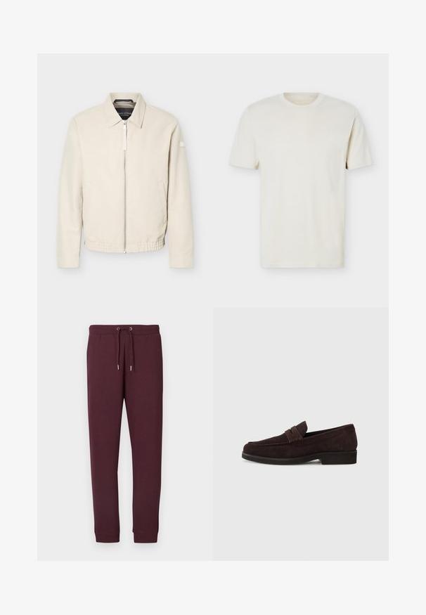 Veste beige à fermeture éclair avec col, manches longues, deux poches latérales, taille élastique et un petit patch sur la manche gauche.; T-shirt à manches courtes couleur blanc cassé uni avec col rond et logo discret sur le côté gauche de la poitrine, présenté sur un fond blanc uni.; Pantalon de survêtement bordeaux en tissu doux, avec une taille élastique à cordon de serrage et des poignets côtelés aux chevilles. Sans poches.; Mocassins en daim marron avec une silhouette basse et un embout arrondi. Présentent une sangle décorative sur le dessus, une semelle en caoutchouc plate et sans couture visible.
