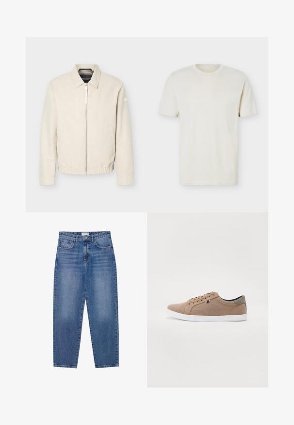 Beige jas met ritssluiting en kraag, lange mouwen, twee zijzakken, elastische tailleband en een klein patch op de linkermouw.; Effen gebroken wit T-shirt met korte mouwen en ronde hals, met subtiel logo op de linkerborst, weergegeven op een effen witte achtergrond.; Blauwe denim jeans met een hoge taille, rechte pijpen en een vervaagde afwerking. Beschikt over vijf zakken en een knoopsluiting.; Beige canvas sneakers met een low-top ontwerp, witte rubberen zool en ronde veters. Kenmerkt zich door een contrasterende grijze hielaccent en logodetail.
