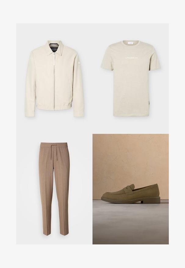 Beige jas met ritssluiting en kraag, lange mouwen, twee zijzakken, elastische tailleband en een klein patch op de linkermouw.; Beige T-shirt met korte mouwen en een ronde hals met "LINDBERGH" in het wit gedrukt, gecentreerd op de borst tegen een effen achtergrond.; Bruine, geweven stoffen broek met een relaxte pasvorm, trekkoord taille en plooien aan de voorkant. Rechte pijpen en geen zichtbare zakken of hardware.; Bruine suède loafer die boven een beige, gestructureerd tapijt zweeft in een woonkamer met een houten salontafel en opgestapelde boeken.