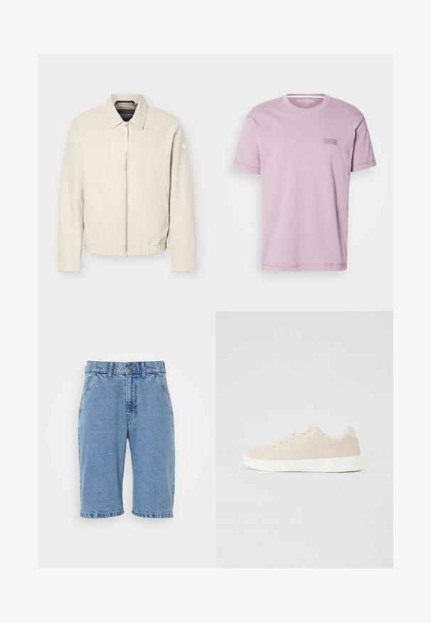 Beige lynlåsjakke med krave, lange ærmer, to sidelommer, elastisk taljebånd og et lille mærke på venstre ærme.; Lyse lilla bomulds T-shirt med rund hals og korte ærmer. Har en lille rektangulær logo-patch på brystet. Glat tekstur.; Denimshorts i lys blå, med et klassisk fem-lomme design, knap- og lynlåslukning, rå kant og falmet tekstur.; Beige ruskindsneakers med hvide gummisåler, rund tå og seks snøringshuller. Glat tekstur med minimalisk design.