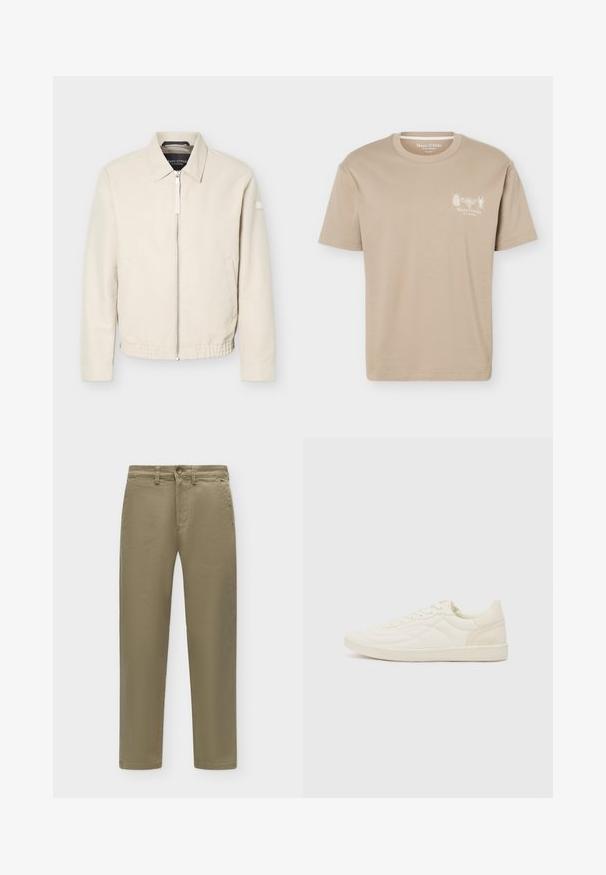 Veste beige à fermeture éclair avec col, manches longues, deux poches latérales, taille élastique et un petit patch sur la manche gauche.; T-shirt beige à manches courtes avec col rond, présentant de petits motifs d'insectes et le logo "Marc O'Polo" sur la poitrine gauche.; Pantalon droit kaki avec bouton et fermeture éclair, passants de ceinture et poches latérales sur un fond clair uni.; ALDO THEPITCH - Baskets basses - white