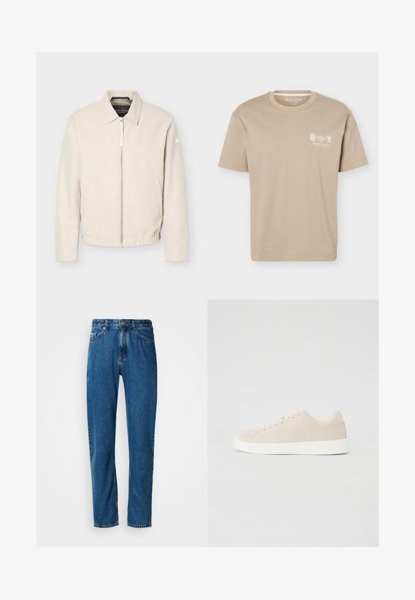 Veste beige à fermeture éclair avec col, manches longues, deux poches latérales, taille élastique et un petit patch sur la manche gauche.; T-shirt beige à manches courtes avec col rond, présentant de petits motifs d'insectes et le logo "Marc O'Polo" sur la poitrine gauche.; Jean en denim droit bleu avec cinq poches et fermeture à bouton à l'avant sur fond blanc.; Baskets en daim beige avec semelles en caoutchouc blanc, bout rond et six œillets pour les lacets. Texture lisse avec un design minimaliste.