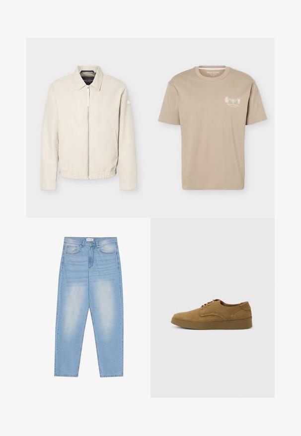 Beige Reißverschlussjacke mit Kragen, langen Ärmeln, zwei Seitentaschen, elastischem Bund und einem kleinen Aufnäher am linken Ärmel.; Beiges T-Shirt mit kurzen Ärmeln und rundem Ausschnitt, mit kleinen Insektengrafiken und „Marc O'Polo“-Logo auf der linken Brust.; Hellblaue Denim-Jeans mit lockerer Passform, die über fünf Taschen, dezente Ausbleichungen und Nähte entlang der Säume verfügen.; Brauner Wildleder-Schnürschuh für den Alltag mit flacher Gummisohle, von der Seite auf hellem, einfachem Hintergrund gesehen.