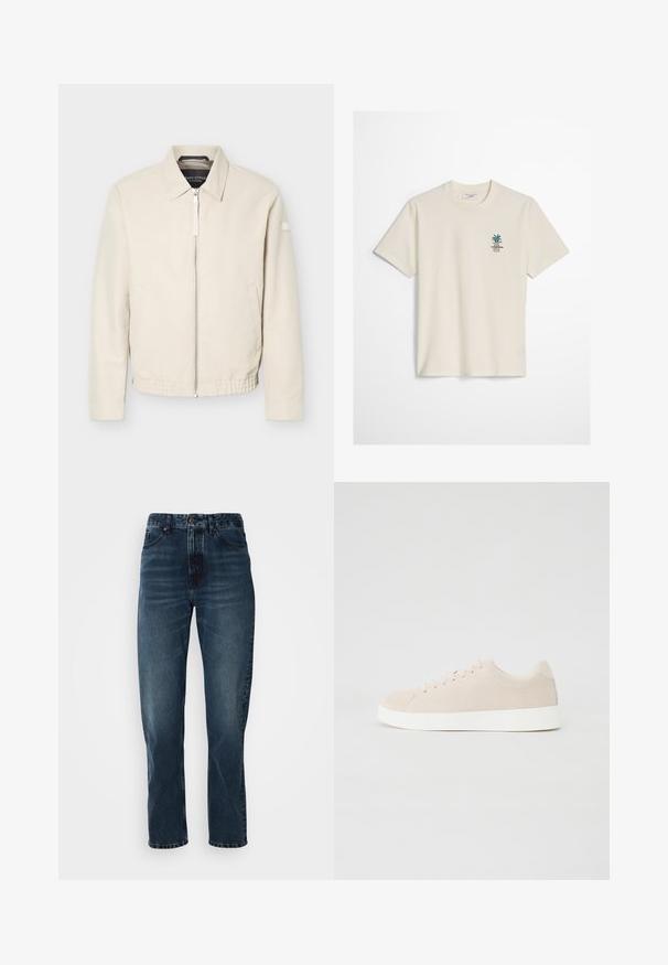 Chaqueta beige con cremallera, cuello, mangas largas, dos bolsillos laterales, cintura elástica y un pequeño parche en la manga izquierda.; Camiseta de manga corta color blanco hueso con pequeño logo de planta verde y texto en el pecho izquierdo, cuello redondo y ajuste regular.; Jeans de pierna recta azul oscuro con cierre frontal de botón y cremallera, diseño de cinco bolsillos y un ligero desgaste en los muslos y las rodillas.; Zapatillas de ante beige con suelas de goma blanca, puntera redondeada y seis ojales para los cordones. Textura suave con un diseño minimalista.
