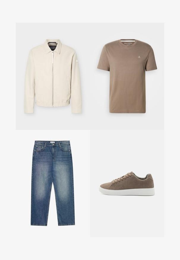 Beige lynlåsjakke med krave, lange ærmer, to sidelommer, elastisk taljebånd og et lille mærke på venstre ærme.; Taupe kortærmet bomuld T-shirt med rund hals og lille hvid "M OP"-logo på øverste venstre bryst fra Marc O'Polo.; Lyseblå denimjeans med løs pasform, lige ben, fem lommer og kontrasterende syninger. Har lukning med knap og lynlås.; Brune ruskinds sneakers med flade hvide gummisåler, snørelukning, rund tå og en glat overflade. Minimalistisk stil med diskrete syninger.