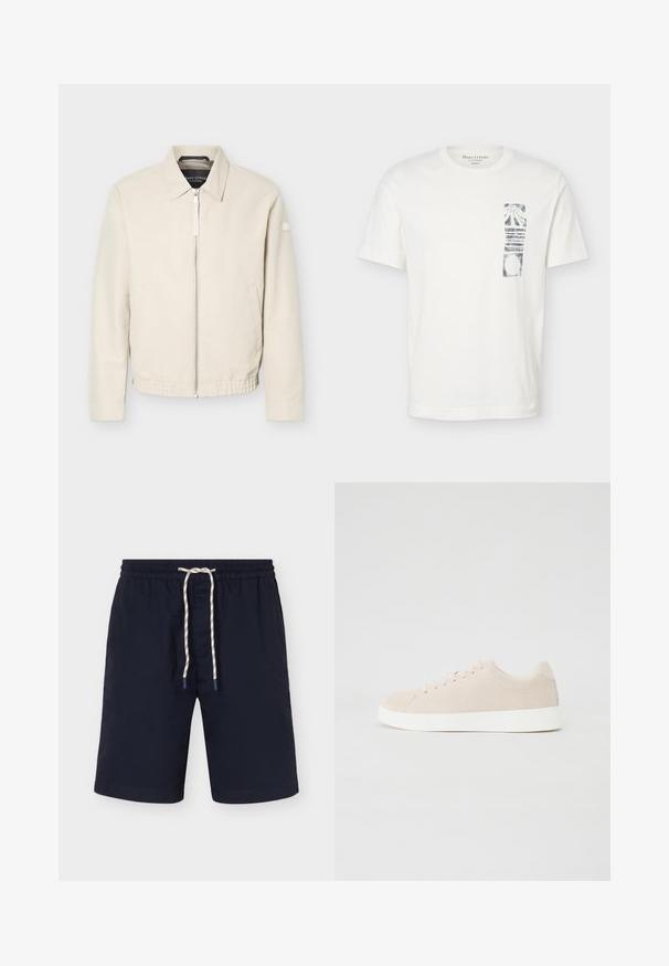 Veste beige à fermeture éclair avec col, manches longues, deux poches latérales, taille élastique et un petit patch sur la manche gauche.; T-shirt blanc à manches courtes avec col rond et graphique abstrait rectangulaire noir sur la partie gauche de la poitrine.; Short de bain bleu marine avec taille élastique et cordon blanc à pois noirs, longueur genou, à plat sur fond blanc.; Baskets en daim beige avec semelles en caoutchouc blanc, bout rond et six œillets pour les lacets. Texture lisse avec un design minimaliste.