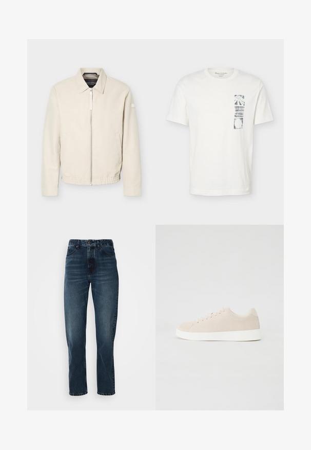 Beige lynlåsjakke med krave, lange ærmer, to sidelommer, elastisk taljebånd og et lille mærke på venstre ærme.; Hvid T-shirt med korte ærmer, rund hals og sort abstrakt rektangulært motiv på venstre brystområde.; Mørkeblå lige bukser med frontknap og lynlås, fem-lomme design og subtil fading på lår og knæ.; Beige ruskindsneakers med hvide gummisåler, rund tå og seks snøringshuller. Glat tekstur med minimalisk design.