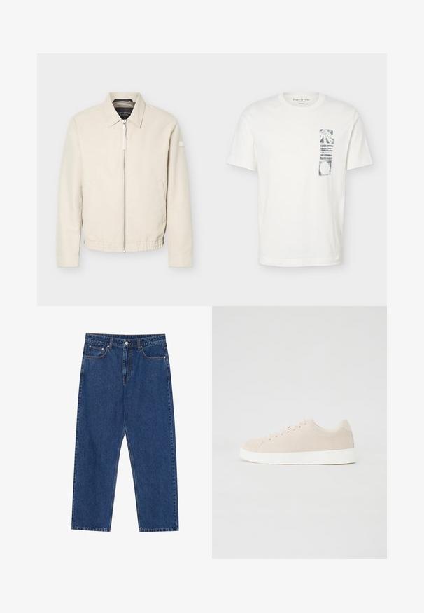 Veste beige à fermeture éclair avec col, manches longues, deux poches latérales, taille élastique et un petit patch sur la manche gauche.; T-shirt blanc à manches courtes avec col rond et graphique abstrait rectangulaire noir sur la partie gauche de la poitrine.; Jeans en denim bleu foncé, avec une coupe droite, des poches avant et une braguette à bouton avec des coutures contrastées.; Baskets en daim beige avec semelles en caoutchouc blanc, bout rond et six œillets pour les lacets. Texture lisse avec un design minimaliste.