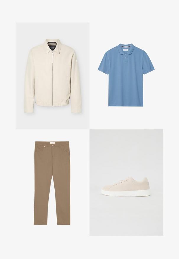 Chaqueta beige con cremallera, cuello, mangas largas, dos bolsillos laterales, cintura elástica y un pequeño parche en la manga izquierda.; Camisa polo de color azul claro, hecha de tejido texturizado, con cuello tipo polo, tapeta de tres botones y mangas cortas.; Pantalones de algodón elásticos color beige con un diseño de pierna recta, estilo de cinco bolsillos y acentos de herrajes metálicos. Textura suave y detalles de costura clásica.; Zapatillas de ante beige con suelas de goma blanca, puntera redondeada y seis ojales para los cordones. Textura suave con un diseño minimalista.