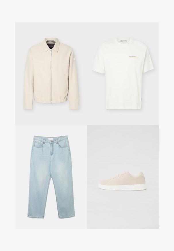 Veste beige à fermeture éclair avec col, manches longues, deux poches latérales, taille élastique et un petit patch sur la manche gauche.; T-shirt blanc à manches courtes avec un petit texte « Oyster Party Marc O’Polo Denim » en bleu et jaune sur la partie supérieure gauche de la poitrine.; Jean en denim bleu clair avec une coupe décontractée, cinq poches, une fermeture à bouton et un léger délavage. La texture est douce et légèrement usée.; Baskets en daim beige avec semelles en caoutchouc blanc, bout rond et six œillets pour les lacets. Texture lisse avec un design minimaliste.