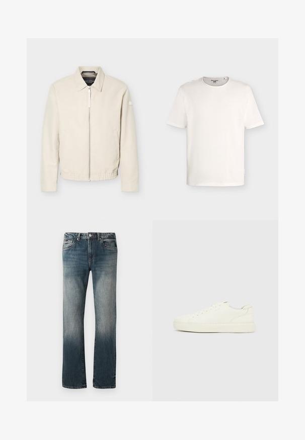 Beige lynlåsjakke med krave, lange ærmer, to sidelommer, elastisk taljebånd og et lille mærke på venstre ærme.; Plain hvid t-shirt med korte ærmer og rund halsudskæring, med et lille mærke indeni kraven og et mærkat i siden.; Herre lige pasform blå denim jeans med falmet vask og fem-lomme design mod en hvid baggrund.; Hvid lav sneakers med snørebånd foran, glat læderoverflade og tyk gummisål, vist fra ydersiden på en ensfarvet baggrund.