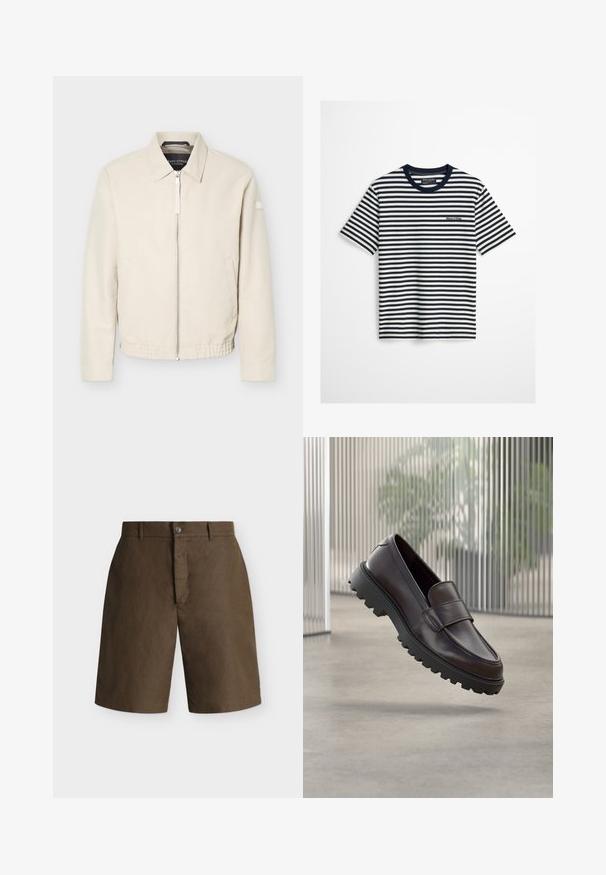 Veste beige à fermeture éclair avec col, manches longues, deux poches latérales, taille élastique et un petit patch sur la manche gauche.; T-shirt à manches courtes à rayures horizontales bleu marine et blanches, avec col bleu marine et petit logo Marc O’Polo sur la poitrine.; Short marron longueur genou avec passants pour ceinture, fermeture par bouton et braguette zippée cachée sur fond uni clair.; Chaussure à enfiler en cuir marron avec un bout rond et une semelle en caoutchouc noire robuste. Présente une bride décorative traversant le coup de pied.