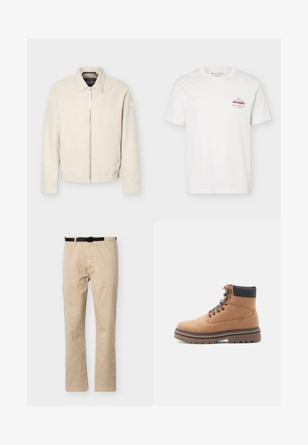 Veste beige à fermeture éclair avec col, manches longues, deux poches latérales, taille élastique et un petit patch sur la manche gauche.; T-shirt blanc à manches courtes avec un petit parasol en paille marron et « Marc O'Polo EST IN STOCKHOLM » imprimé sur le côté gauche de la poitrine.; Pantalon beige à jambes droites avec ceinture noire ajustable, taille élastique d'un côté et couture décorative à l'avant.; Botte de randonnée en cuir tan avec col rembourré noir, œillets en métal, lacets bruns et semelle épaisse à crampons bruns sur fond blanc.