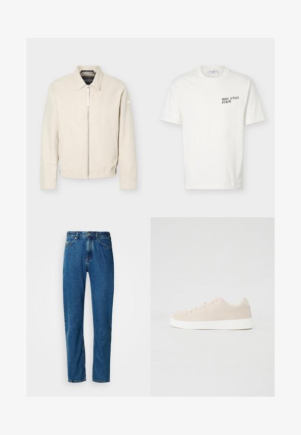Beige lynlåsjakke med krave, lange ærmer, to sidelommer, elastisk taljebånd og et lille mærke på venstre ærme.; Hvid T-shirt med korte ærmer og rund halsudskæring med "Marc O’Polo Denim"-logo trykt i sort på venstre bryst.; Blå lige ben denim jeans med fem lommer og frontlukning med knap på en hvid baggrund.; Beige ruskindsneakers med hvide gummisåler, rund tå og seks snøringshuller. Glat tekstur med minimalisk design.