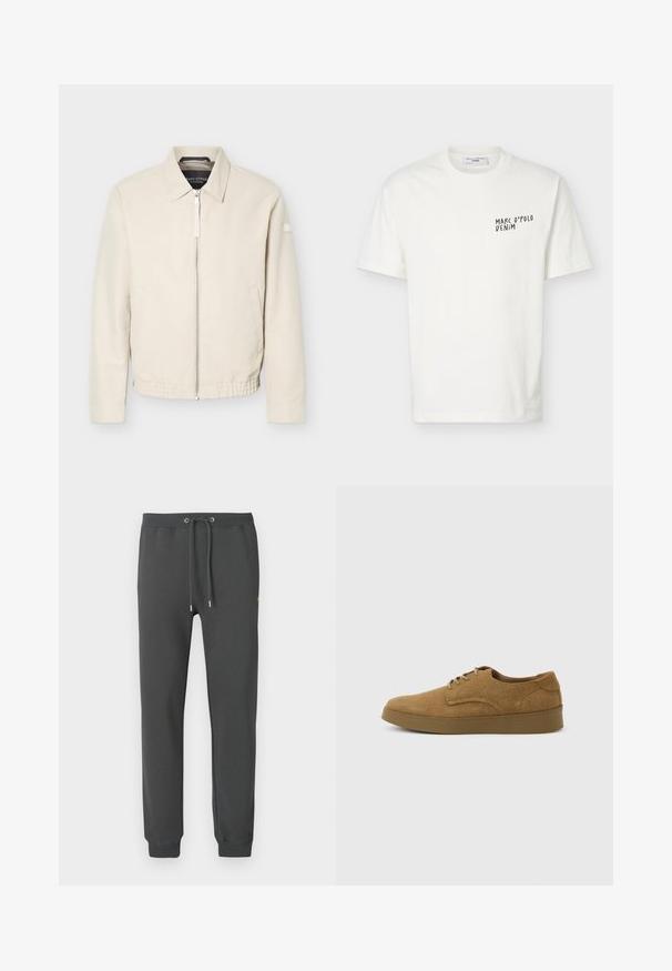 Veste beige à fermeture éclair avec col, manches longues, deux poches latérales, taille élastique et un petit patch sur la manche gauche.; T-shirt blanc à manches courtes et col rond avec le logo "Marc O’Polo Denim" imprimé en noir sur le côté gauche de la poitrine.; Pantalon de jogging gris en mélange de coton doux, doté d'une ceinture élastique avec cordon de serrage réglable et de poignets ajustés aux chevilles.; Chaussure décontractée à lacets en daim marron avec semelle en caoutchouc plate, vue de côté sur un fond clair uni.