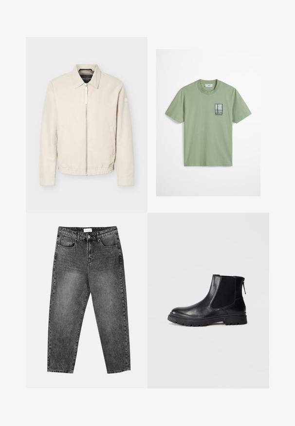 Beige lynlåsjakke med krave, lange ærmer, to sidelommer, elastisk taljebånd og et lille mærke på venstre ærme.; Lysegrøn kortærmet t-shirt med en lille sort-hvid grafik af et vindue og teksten "MOPD SPORTS CLUB" på venstre bryst.; Sorte vasket straight-leg jeans med for- og baglommer, bæltestropper og knaplukning i taljen.; Sort læderankelstøvle med en glat overflade, elastiske mesh-sider og en robust sål med synligt mønster.