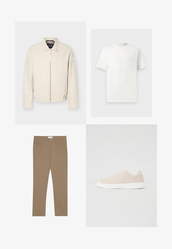 Chaqueta beige con cremallera, cuello, mangas largas, dos bolsillos laterales, cintura elástica y un pequeño parche en la manga izquierda.; Camiseta blanca lisa de manga corta y cuello redondo mostrada sobre un fondo gris claro.; Pantalones de algodón elásticos color beige con un diseño de pierna recta, estilo de cinco bolsillos y acentos de herrajes metálicos. Textura suave y detalles de costura clásica.; Zapatillas de ante beige con suelas de goma blanca, puntera redondeada y seis ojales para los cordones. Textura suave con un diseño minimalista.